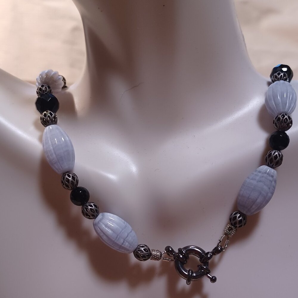 Blue Lace Agate and Black Onyx Necklace
